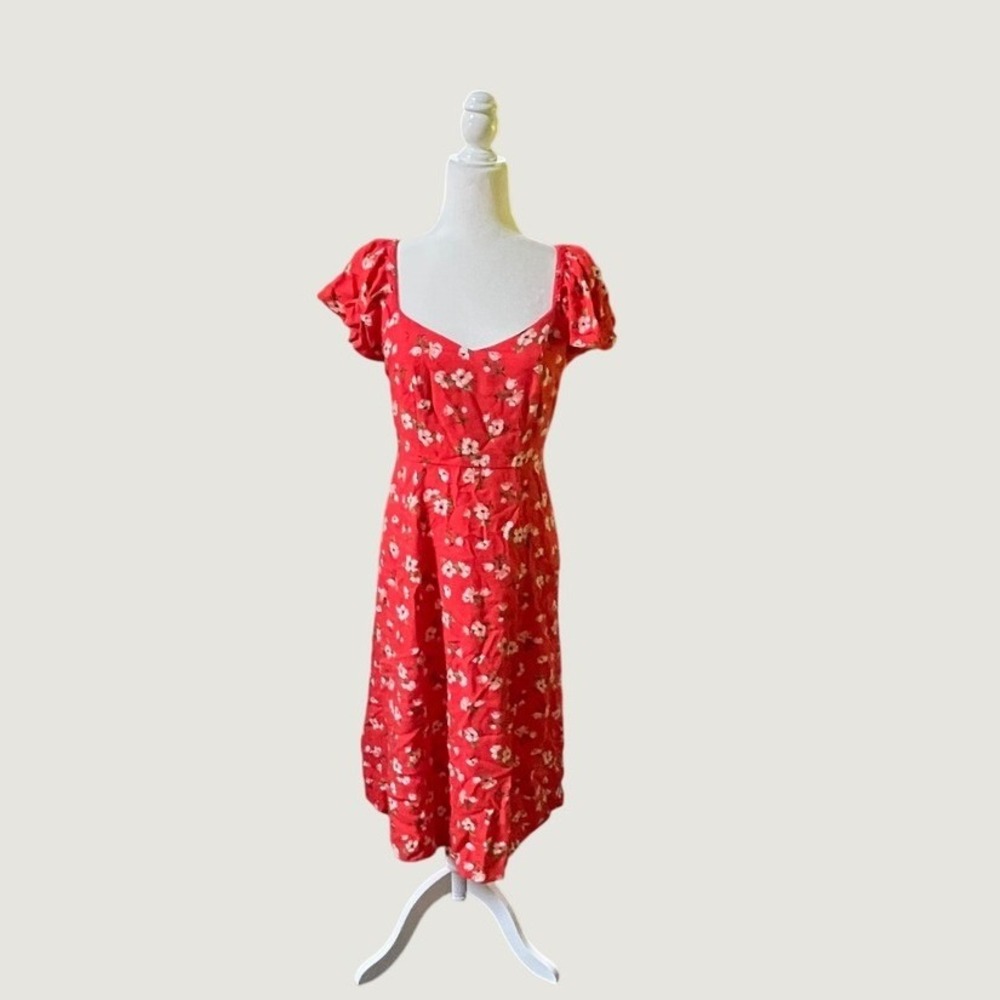 NWT Flutter-Sleeve Crepe Midi Dress Red Ditsy Floral Smocked Cottagecore
